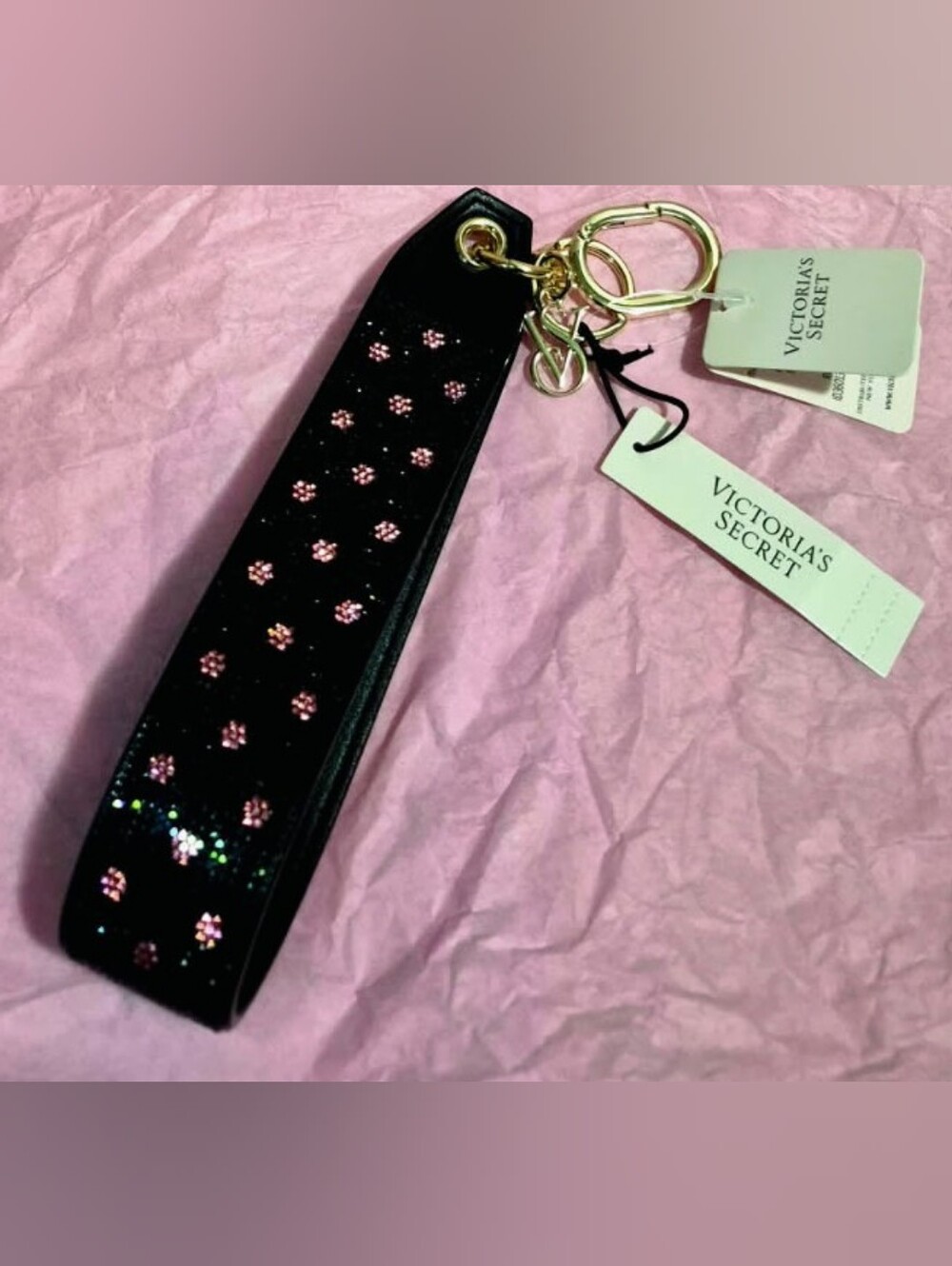 🌸*Victoria's Secret* Wristlet In Black SPARKLING Pink Rhinestone Flowers🌸 - Picture 2 of 4